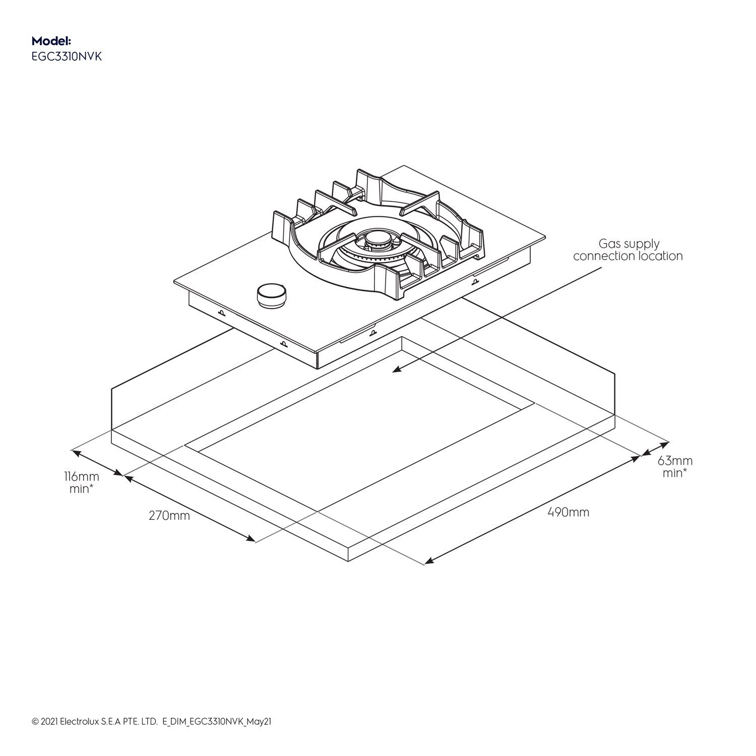30cm 1Burner Domino Gas Hob EGC3310NVK Electrolux Singapore