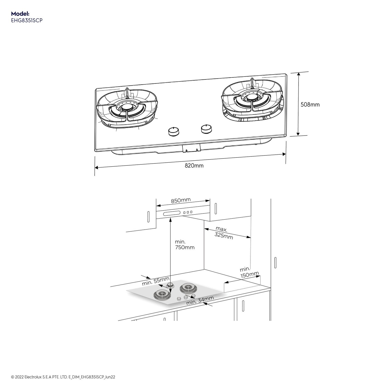 82cm UltimateTaste 500 built-in gas hob with 3 burners (PUB) - EHG8351SCP